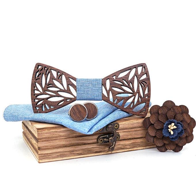 Pánský dřevěný motýlek s broží Blue